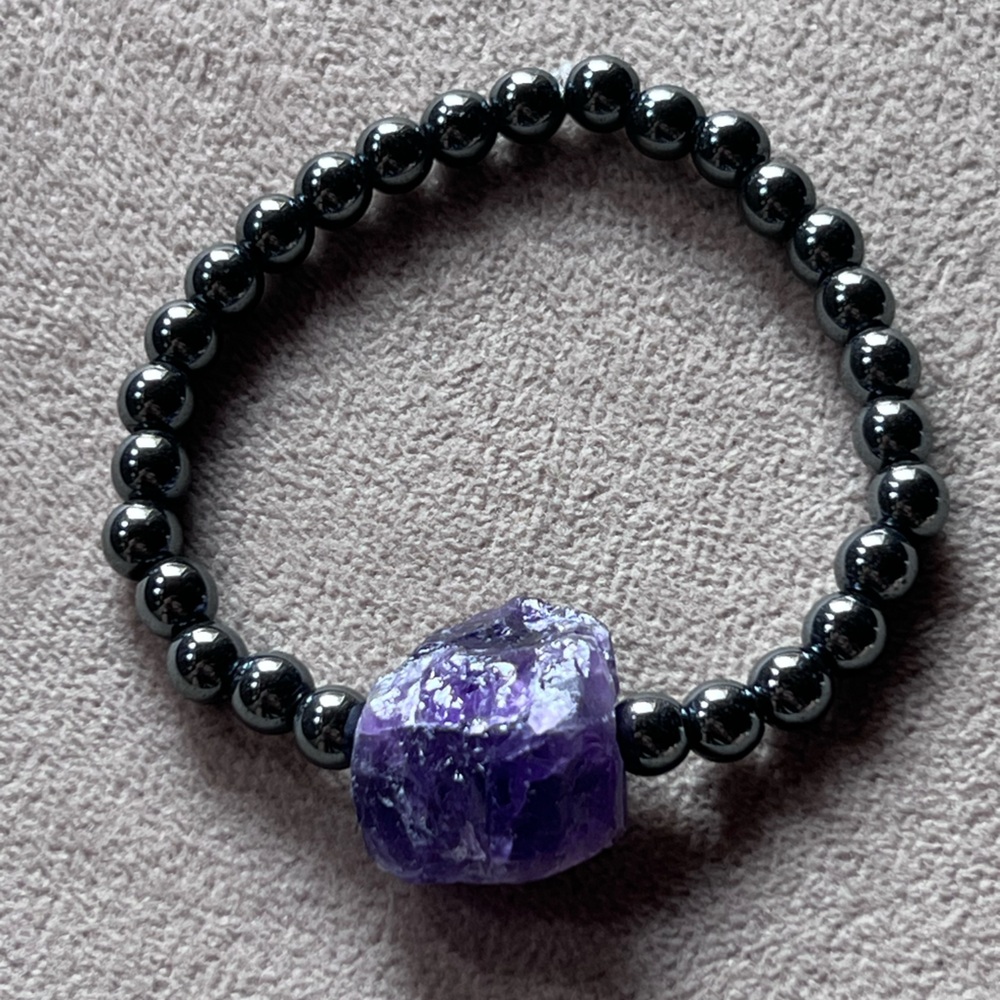 Handmade Bold Natural Plated Hematite & Amethyst Beaded Bracelet, Size 7”